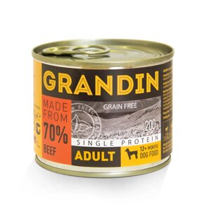 Grandin Adult Влажный корм (консервы) для взрослых собак всех пород, с говядиной и льняным маслом, 200 гр.