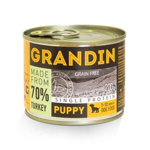 Grandin Puppy Влажный корм (консервы) для щенков всех пород, с индейкой и льняным маслом, 200 гр.