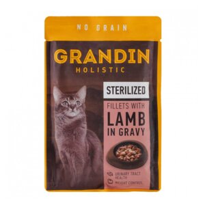 Grandin Влажный корм (пауч) для стерилизованных кошек, кусочки с ягненком в соусе, 85 гр.