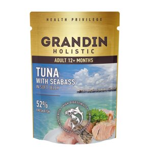 Grandin Влажный корм (пауч) для взрослых кошек, тунец с морским окунем в нежном желе, 85 гр.