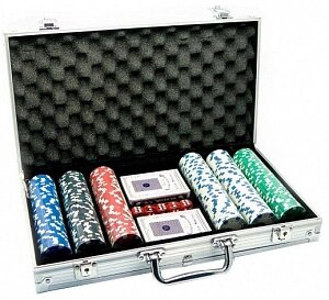 Набор для покера с номиналом в алюминиевом кейсе (300 фишек, 2 колоды)