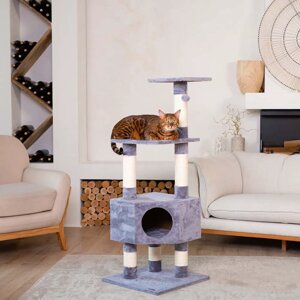 Petmax Дом-когтеточка (49х49х128 см) из плюша и сизаля с подвесной игрушкой-шариком для кошек