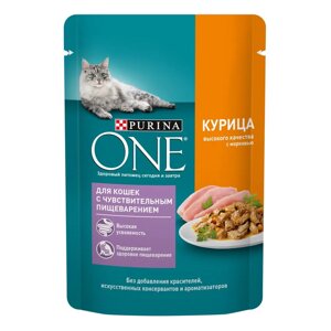 Purina ONE Sensitive Влажный корм (пауч) для взрослых кошек с чувствительным пищеварением, с курицей и морковью в соусе, 75 гр.