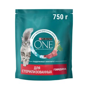 Purina ONE Sterilised Сухой корм для взрослых стерилизованных кошек и кастрированных котов, с говядиной и пшеницей, 750 гр.