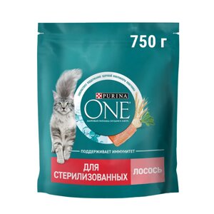 Purina ONE Sterilised Сухой корм для взрослых стерилизованных кошек и кастрированных котов, с лососем и пшеницей, 750 гр.