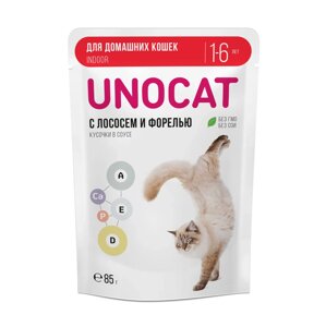UnoCat Влажный корм для домашних кошек нежные кусочки с лососем и форелью в соусе, 85гр