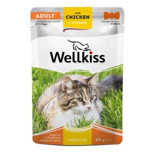 Wellkiss Adult Влажный корм (пауч) для взрослых кошек, с курицей в желе, 85 гр.