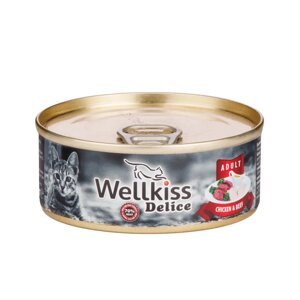 Wellkiss Влажный корм (консервы) для кошек, цыпленок с говядиной, 100 гр.