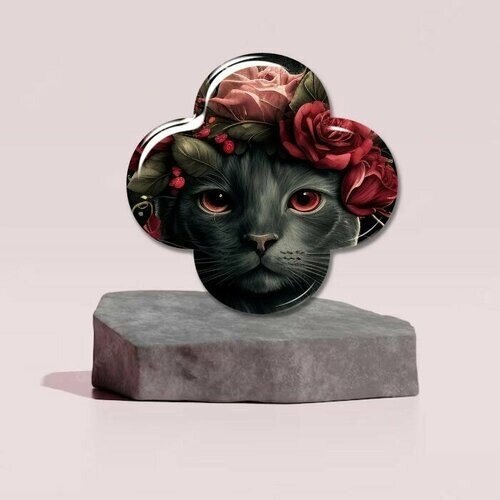 Брошь акриловая женская кошка С розами