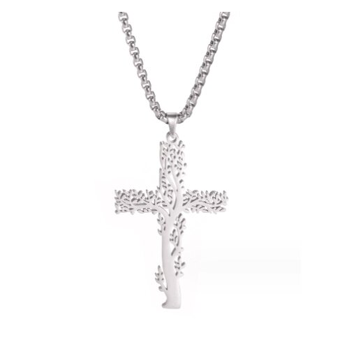 Цепочка на шею женская с подвеской крест "Древо жизни", серебристая, сильнейший оберег, хороший подарок для девушки или подруги