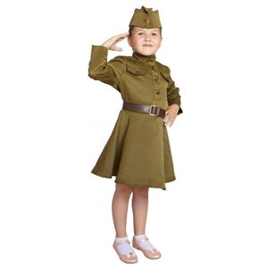 Карнавальный костюм для девочки, военное платье, пилотка, ремень, 5-7 лет, рост 122-134 см