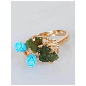 Кольцо Lotus Jewelry, бижутерный сплав, золочение, нефрит, бирюза, размер 20, зеленый, бирюзовый