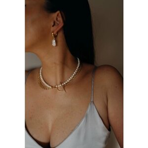 Колье ожерелье на шею женское, трансформер 3 в 1, с натуральным жемчугом и позолоченной фурнитурой 18 карат