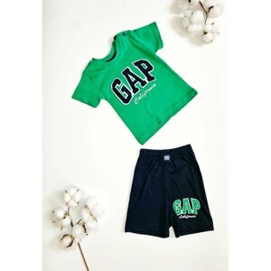 Комплект одежды детский, футболка и шорты, повседневный стиль, размер 6 мес, синий, зеленый