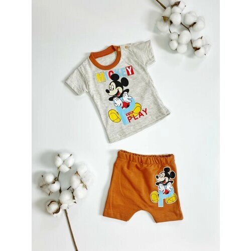 Комплект одежды детский, шорты и футболка, повседневный стиль, размер 12 мес, серый, оранжевый