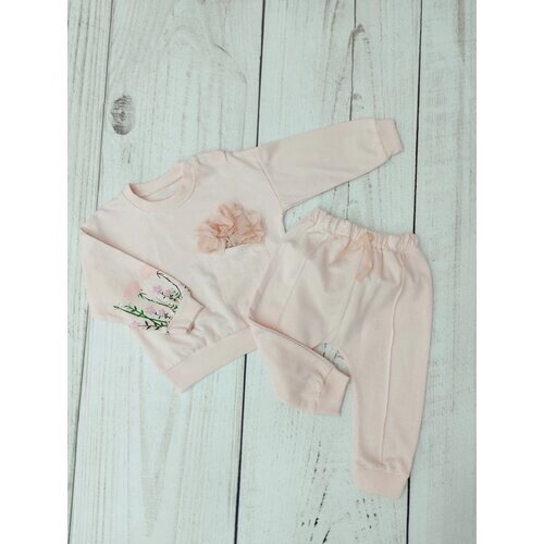Комплект одежды для девочек, свитшот и брюки, повседневный стиль, манжеты, карманы, размер 68, розовый