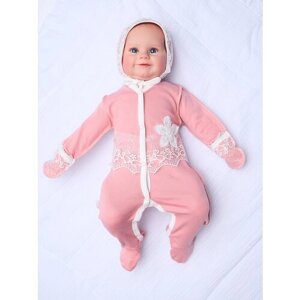 Комплект одежды Jolly Baby для девочек, комбинезон и чепчик, нарядный стиль, без капюшона, застежка под подгузник, размер 62, розовый, бежевый