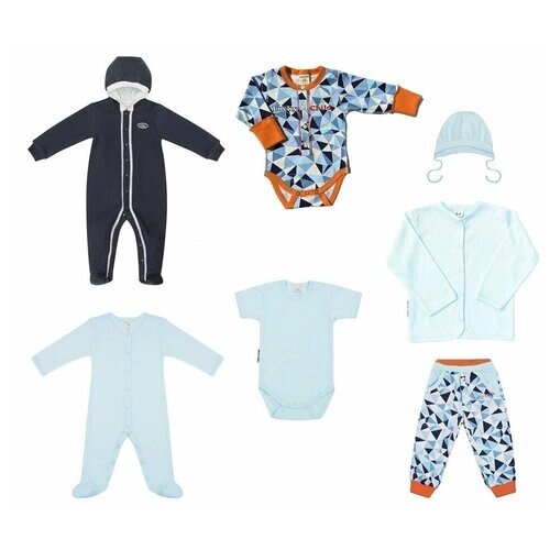 Комплект одежды lucky child для мальчиков, комбинезон и боди и кофта и брюки и чепчик, подарочная упаковка, размер 18 (56-62), синий, голубой