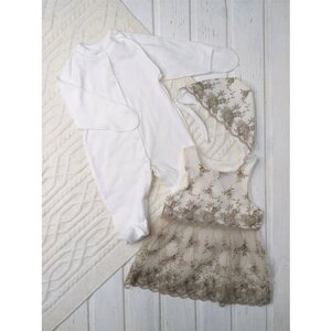 Комплект одежды СВС для девочек, сарафан и комбинезон и чепчик, нарядный стиль, застежка под подгузник, размер 50, белый, коричневый