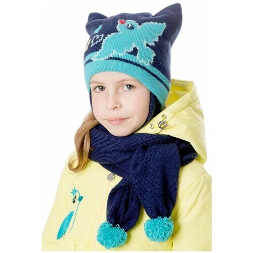 Комплект шапка и шарф для девочки Шалуны 455585 темно-синий 48, шапка с завязками, вязаный шарф