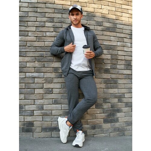 Костюм IHOMELUX, олимпийка и брюки, повседневный стиль, прямой силуэт, капюшон, стрейч, карманы, размер 48, серый