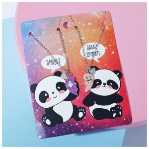 Кулоны "Неразлучники" панды в сердечке, цвет фиолетово-бежевый в серебре, 40см