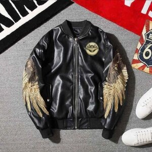 Куртка - косуха бомбер Крылья с вышивкой из экокожи размер: XL