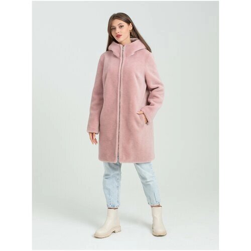 Куртка , овчина, укороченная, оверсайз, карманы, капюшон, размер 42, розовый
