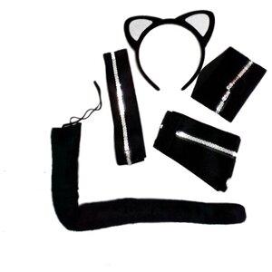 Набор кошки 5 предметов ободок с ушами + чокер + хвостик + браслеты цвет черный