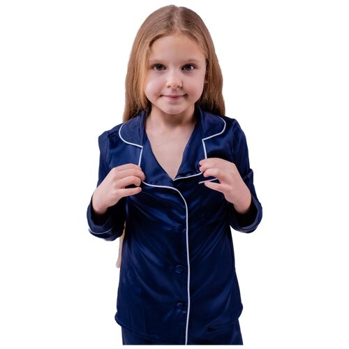 Пижама детская из шелка с брюками и рубашкой на пуговицах "Синий" Размер 122