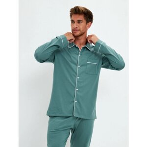 Пижама Ihomewear, брюки, рубашка, застежка пуговицы, пояс на резинке, трикотажная, карманы, размер L (176-182), зеленый
