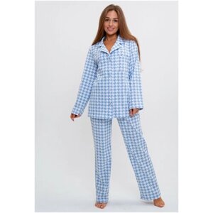 Пижама Modellini, жакет, брюки, застежка пуговицы, длинный рукав, пояс на резинке, стрейч, размер 54, голубой