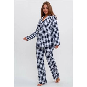 Пижама Modellini, жакет, брюки, застежка пуговицы, длинный рукав, пояс на резинке, стрейч, размер 54, синий