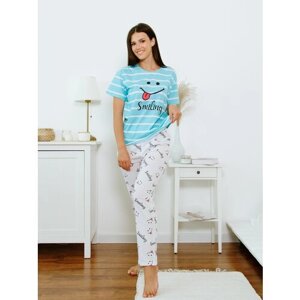 Пижама Ohana market, брюки, футболка, короткий рукав, размер 46, голубой