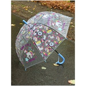 Прозрачный детский зонт-трость с Единорогом Rain-Proof umbrella полуавтомат 271/зеленый