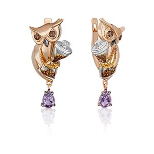 Серьги PLATINA jewelry из золота 585 пробы с аметистом, эмалью, раухтопазом