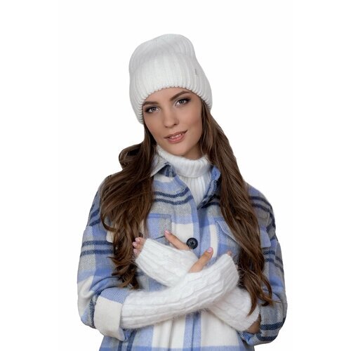 Шапка бини Landre зимняя, ангора, подкладка, вязаная, утепленная, размер 56-59 см, белый