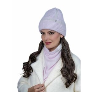 Шапка бини Landre зимняя, ангора, подкладка, вязаная, утепленная, размер 56-59 см, розовый, серый