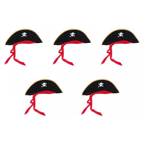 Шляпа пирата "Пиратская треуголка с красной лентой" с черепом (Набор 5 шт.)