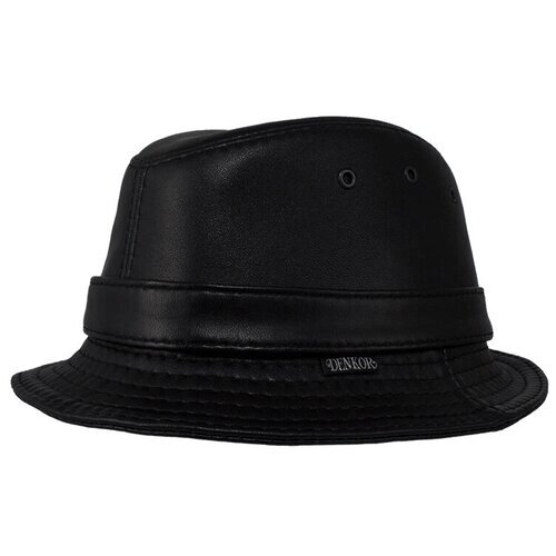 Шляпа с узкими полями мужская Denkor 32k-vintazh-chk-61 осенняя, кожаная, черно-коричневая винтажная кожа, размер 60RU/61