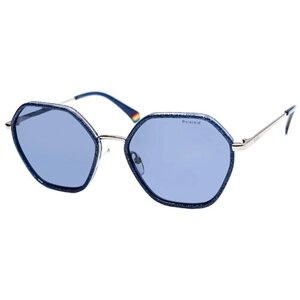 Солнцезащитные очки Polaroid, шестиугольные, оправа: металл, для женщин, синий