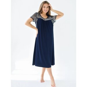 Женская ночная сорочка из вискозы, с рукавами, эластичное кружево. Цвет темно-синий. Размер 52