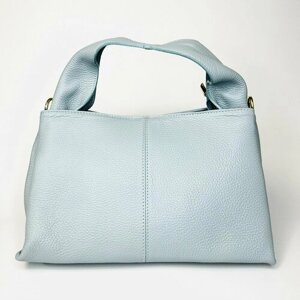 Женская светло-голубая сумка трапеция из фактурной натуральной кожи