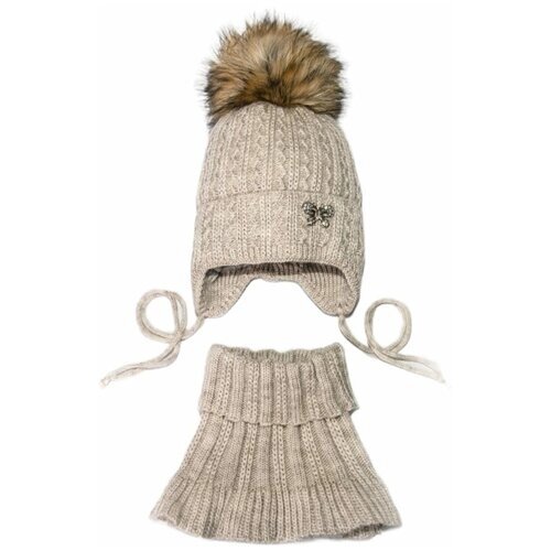 Зимний комплект шапка и снуд с завязками для девочки , размер 41-44, бежевый