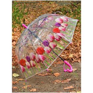 Зонт-трость Rain-Proof, полуавтомат, купол 77 см., система «антиветер», прозрачный, розовый
