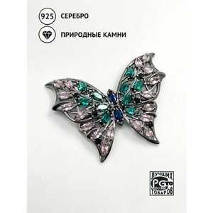 Брошь Кристалл Мечты Бабочка, серебро, 925 проба, чернение, фианит, сапфир синтетический, шпинель, турмалин синтетический