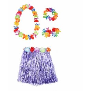 Гавайская юбка фиолетовая 40 см, ожерелье лея 96 см, венок, 2 браслета (набор)