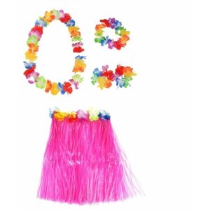 Гавайская юбка розовая 60 см, ожерелье лея 96 см, венок, 2 браслета (набор)