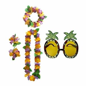 Гавайский набор Хула - 9 : гавайское ожерелье, повязка на голову, браслеты, очки