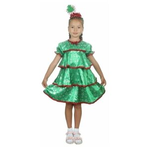 Карнавальный костюм "Ёлочка со снежинками", атлас, платье ярусами, ободок, р-р 30, рост 110-116 см